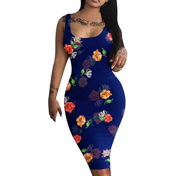 Wycnly Dresses for Women 2024 Night CLub Party Sexy Bodycon Midi Dresses Sleeveless Scoop Neck Floral Print Summer Knee-Length Formal Dress Navy s Under $5