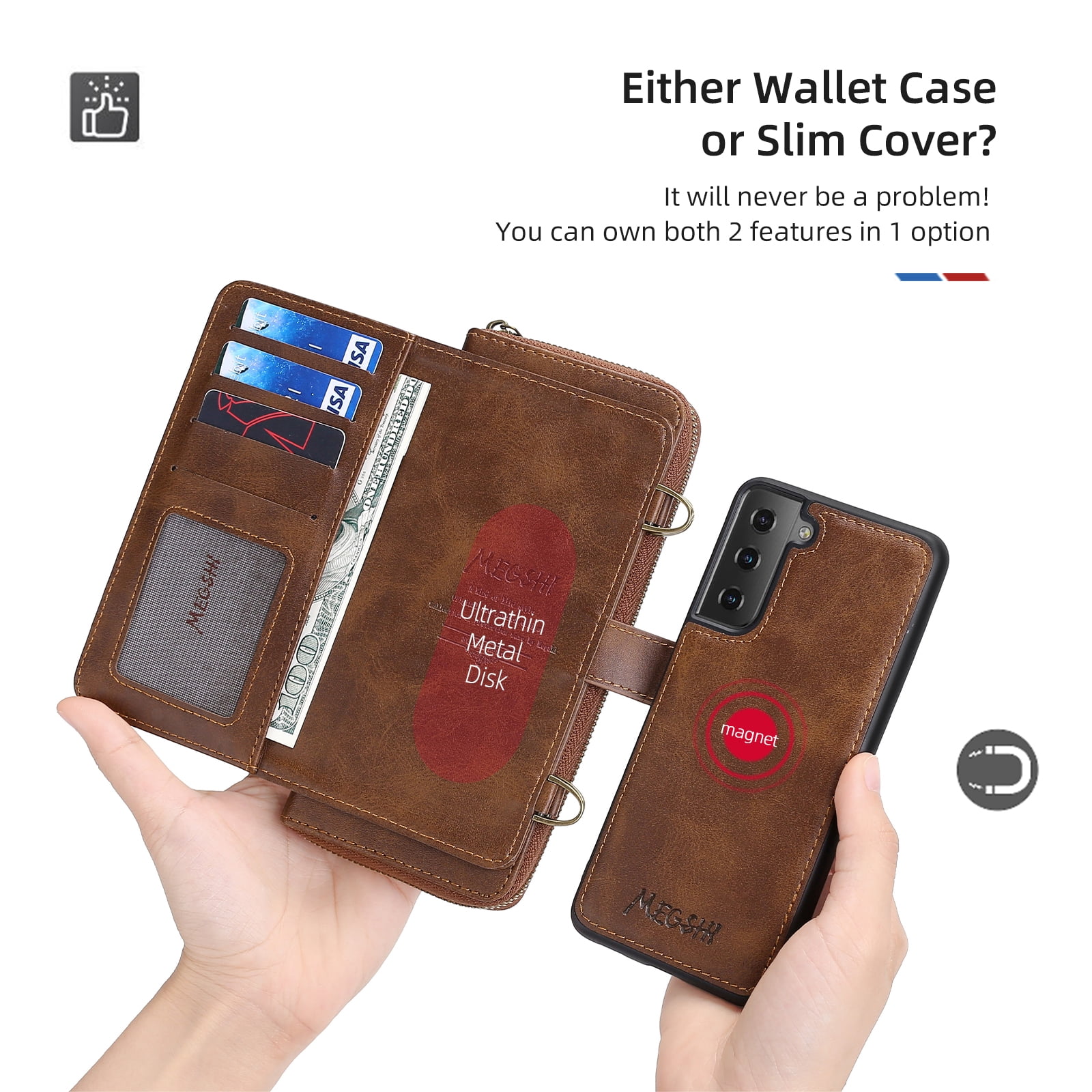 Galaxy S22 Wallet Case Premium Leather Flip Zipper Detachable Magnet Wallet Stand Card Holder Case with Crossbody Lanyard Strap Zipper Pocket Cover for Samsung Galaxy S22 6.1 inch 2022,Brown
