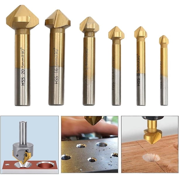 Broca avellanadora de cabeza avellanada HSS, 6 piezas, 90 grados, revestimiento de nogal y titanio, herramienta para tornillos de 6,3 a 20,5 mm, adecuada para bricolaje, madera, metal y PVC