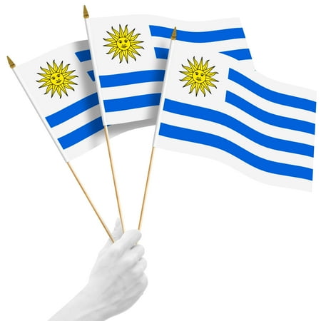 G128 50 Pack Handheld Uruguay Uruguayan Stick Flags | 12x18 In | Printed 150D Polyester, Country Flag, Solid Wooden Stick, Spear Gold Tip