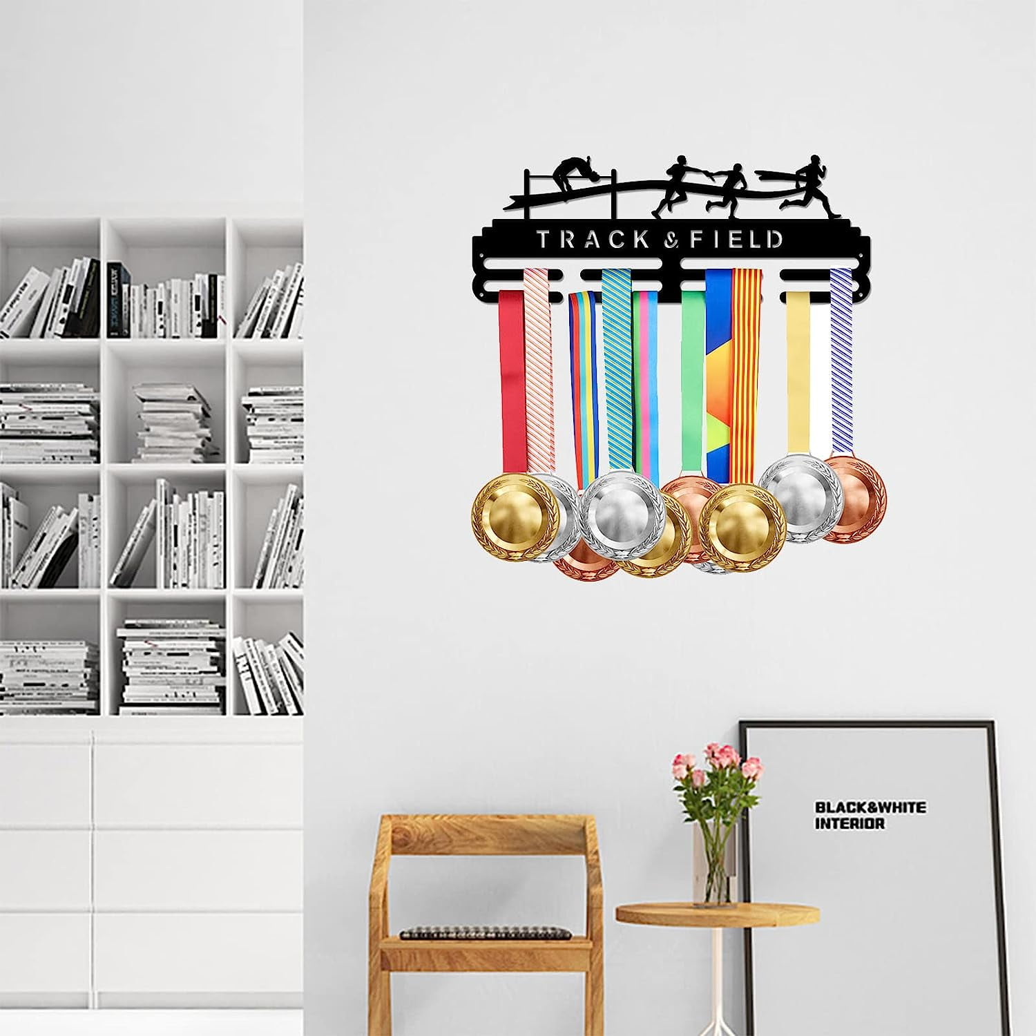 Fashion Iron Medal Hanger Holder Display Wall Rack with Screws 2 Line Word Track & Field Sports Themed Pattern 150x400mm