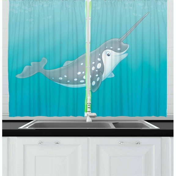 Ambesonne Narwhal Kitchen Curtains, Cartoon Mammal Drawing, 55"x39", Seafoam Grey White