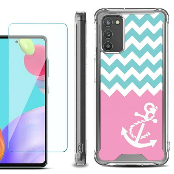 Shockproof Bumper Phone Case for Samsung Galaxy A03s, with Tempered Glass Screen Protector, by OneToughShield ® - Chevron/Anchor