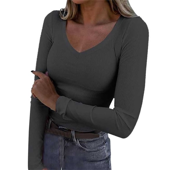 Womens Tops Long Sleeve V Neck Ribbed Knit Casual Tops Tee Slim Basic Shirt on Sale