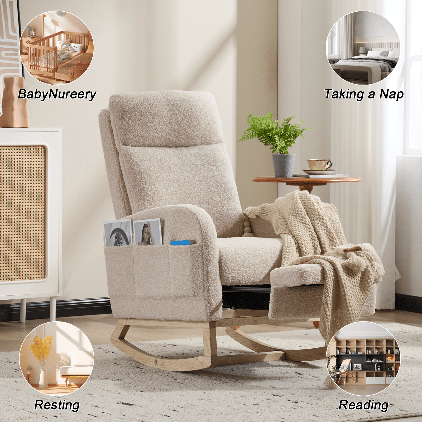 Nursery Rocking Chair,Modern Upholstered High Back Glider Armchair,Comfy Rocker with retractable footrest and Headrest, Side Pocket Accent Chair for Living Room/ Bedroom （Teddy）BEIGE