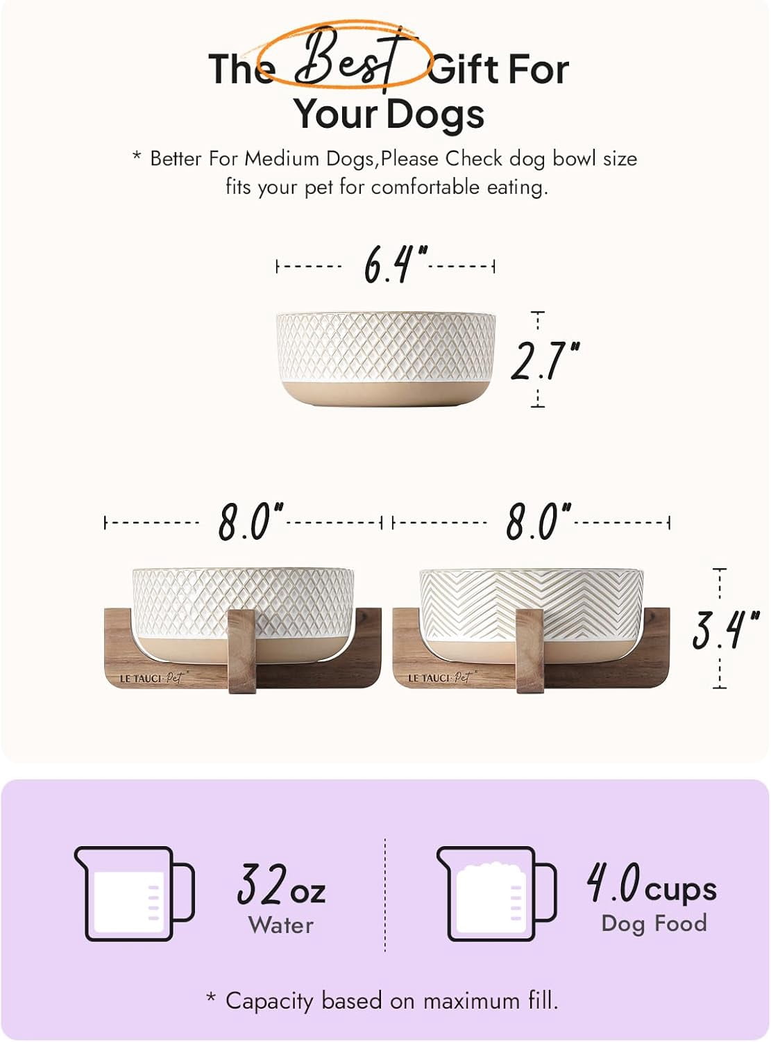 Ceramic Dog Bowls with Wood Stand, 4-Cup Pet Food and Water Dishes Set of 2 for Small Medium Dogs