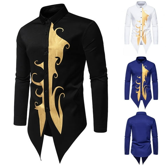 JURANMO Mens Luxury Dress Shirts Fashion Gold Print Casual Long Sleeve Button Down Shirt for Party Deals of the Day White M