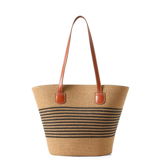Bolso de mano de paja Nollia Travel tejido a mano para mujer, color negro