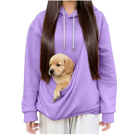 Miluxas Cat Pouch Hoodie for Women Kangaroo Pocket Pouch Sweatshirts Pet Carrier Pullover Animal Holder Long Sleeve Tops Purple S(S)