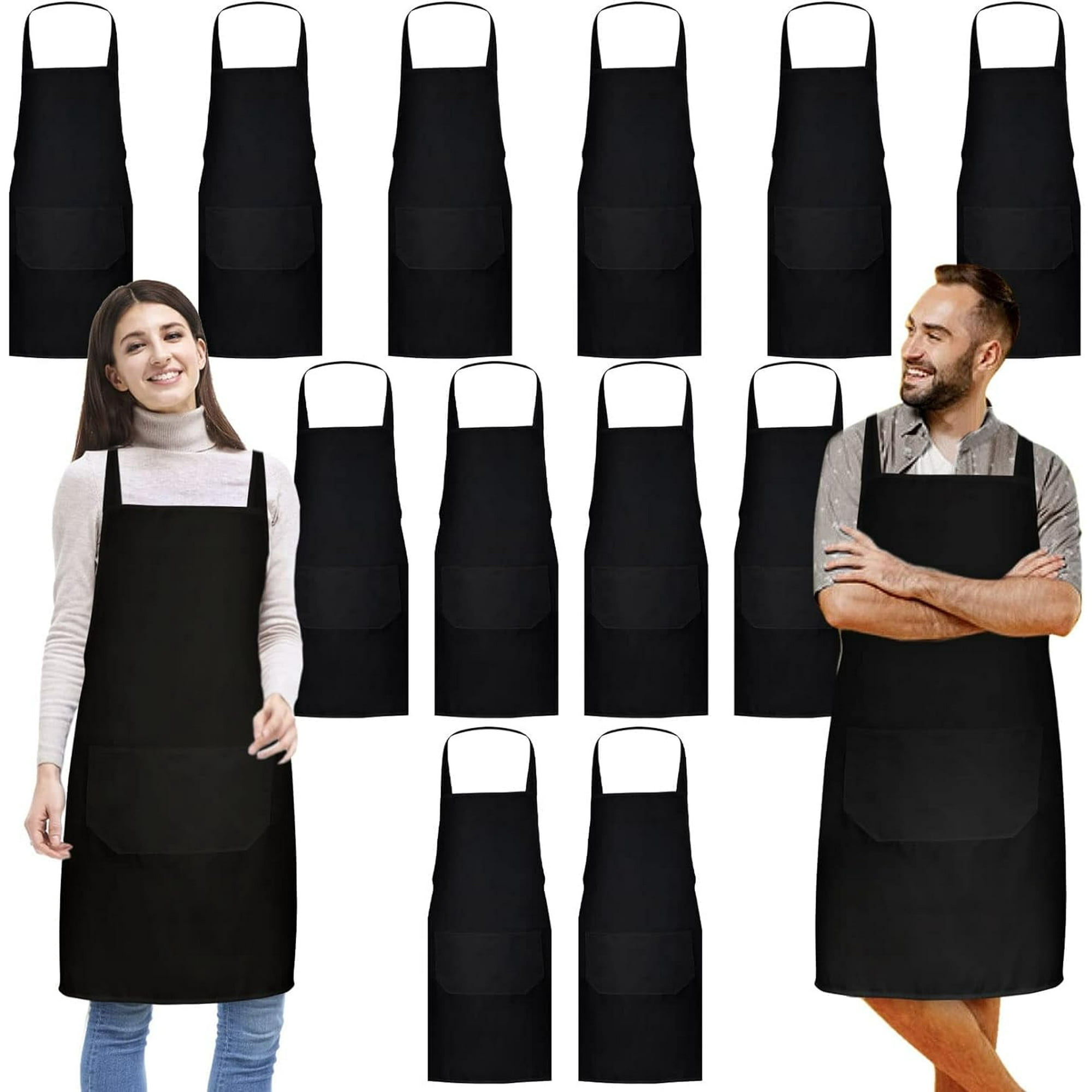 12 Pack Bib Apron,Black Aprons Bulk,Unisex Black Plain Aprons with 2 Pockets,Blank Apron with Long Ties for Adults Cooking Painting BBQ Grilling Baking Machine Washable,32 x 28 Inch