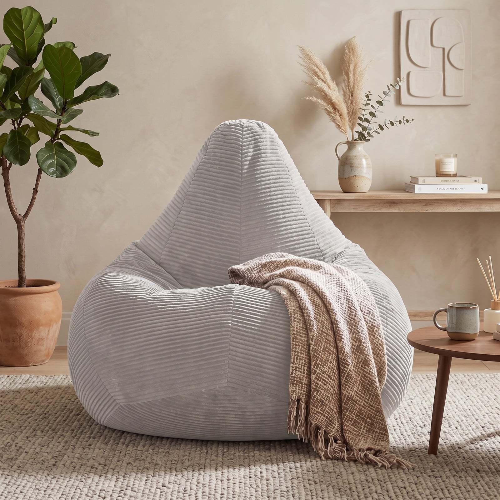 Furnibear Bean Bag Chair for Adults, Corduroy Lazy Lounger Accent Sofa with Soft Sponge Filling, Skin-Friendly Cover, Ergonomic Reading Gaming Seat for Bedroom, Gray