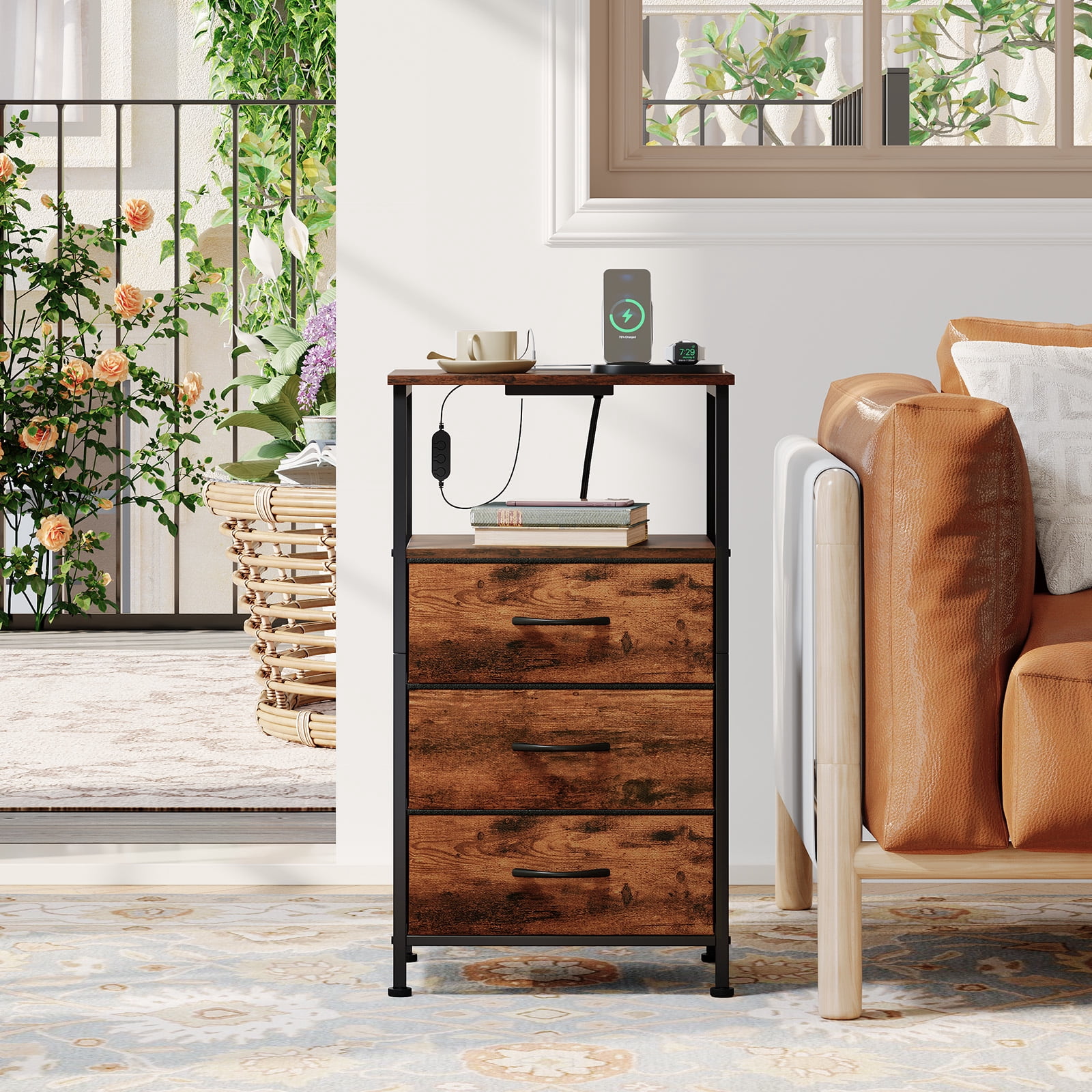 Eunos 3 Drawer Nightstand with Charging Station, LED and Open Shelf for Bedroom, Wood Grain Print