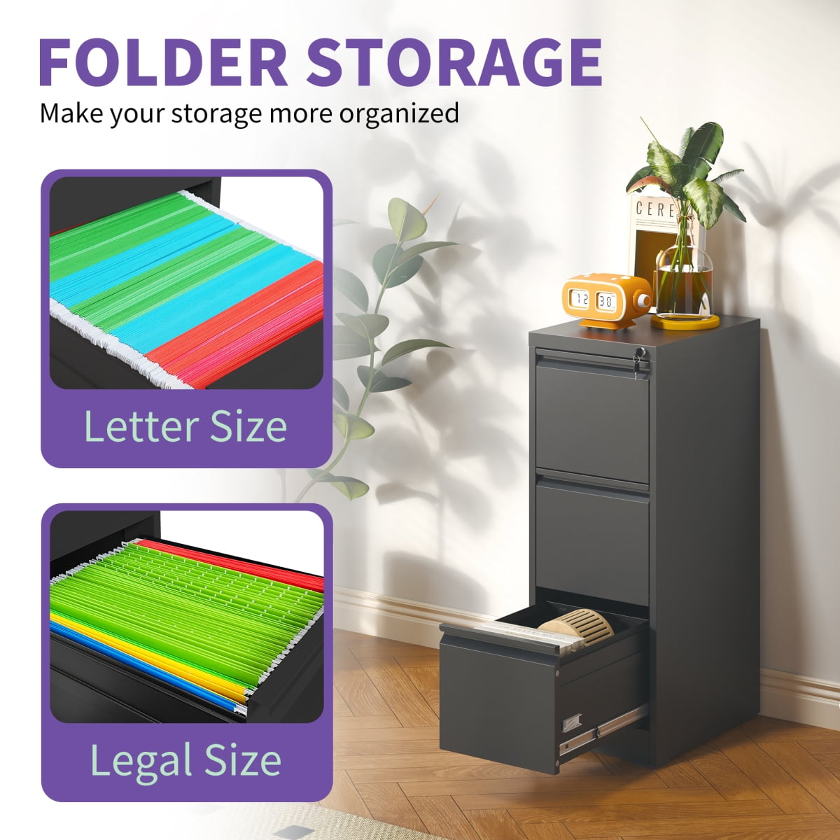 3-Drawer Lockable Metal Vertical File Cabinet Steel Storage for A4/Legal/Letter Sizes Office/Home