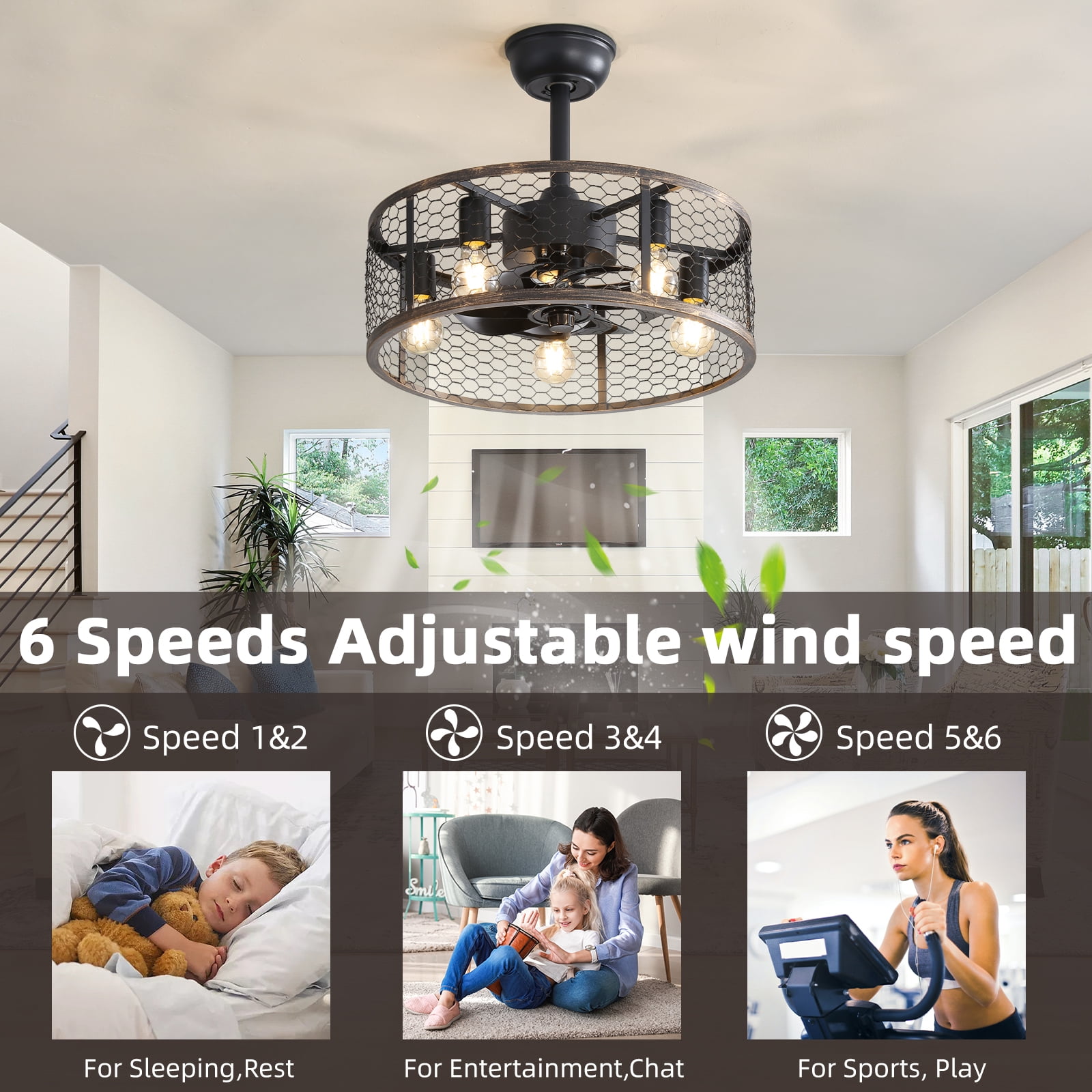 Mintazer 19.7 inch Caged Ceiling Fan with Light, Black Farmhouse Ceiling Fan for Kitchen, Living Room, Home