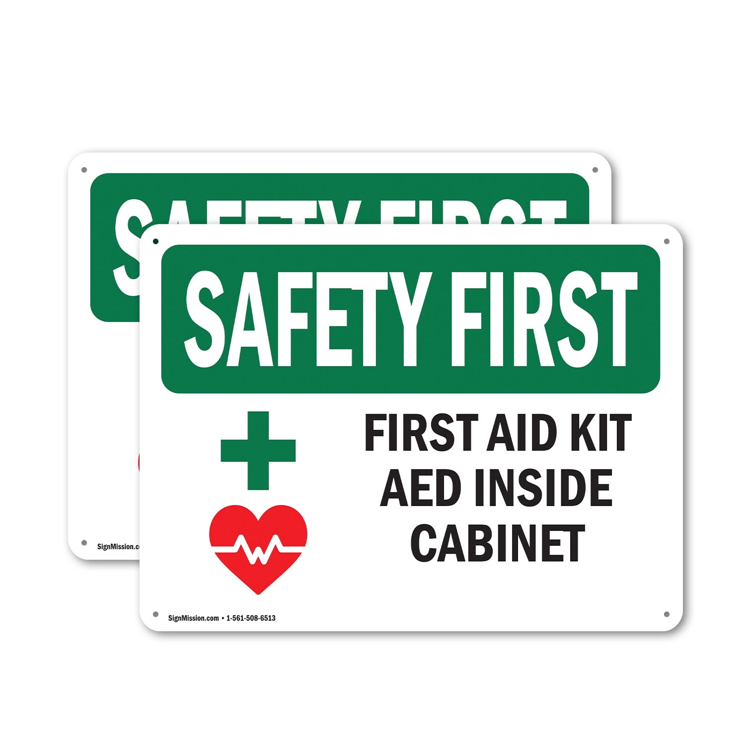 (2 Pack) First Aid Kit AED Inside Cabinet With Symbol OSHA Safety First Sign 18 Inch X 12 Inch Indoor / Outdoor Rust-Free Aluminum Metal Signs for Workplace, Workshop, and Construction Site