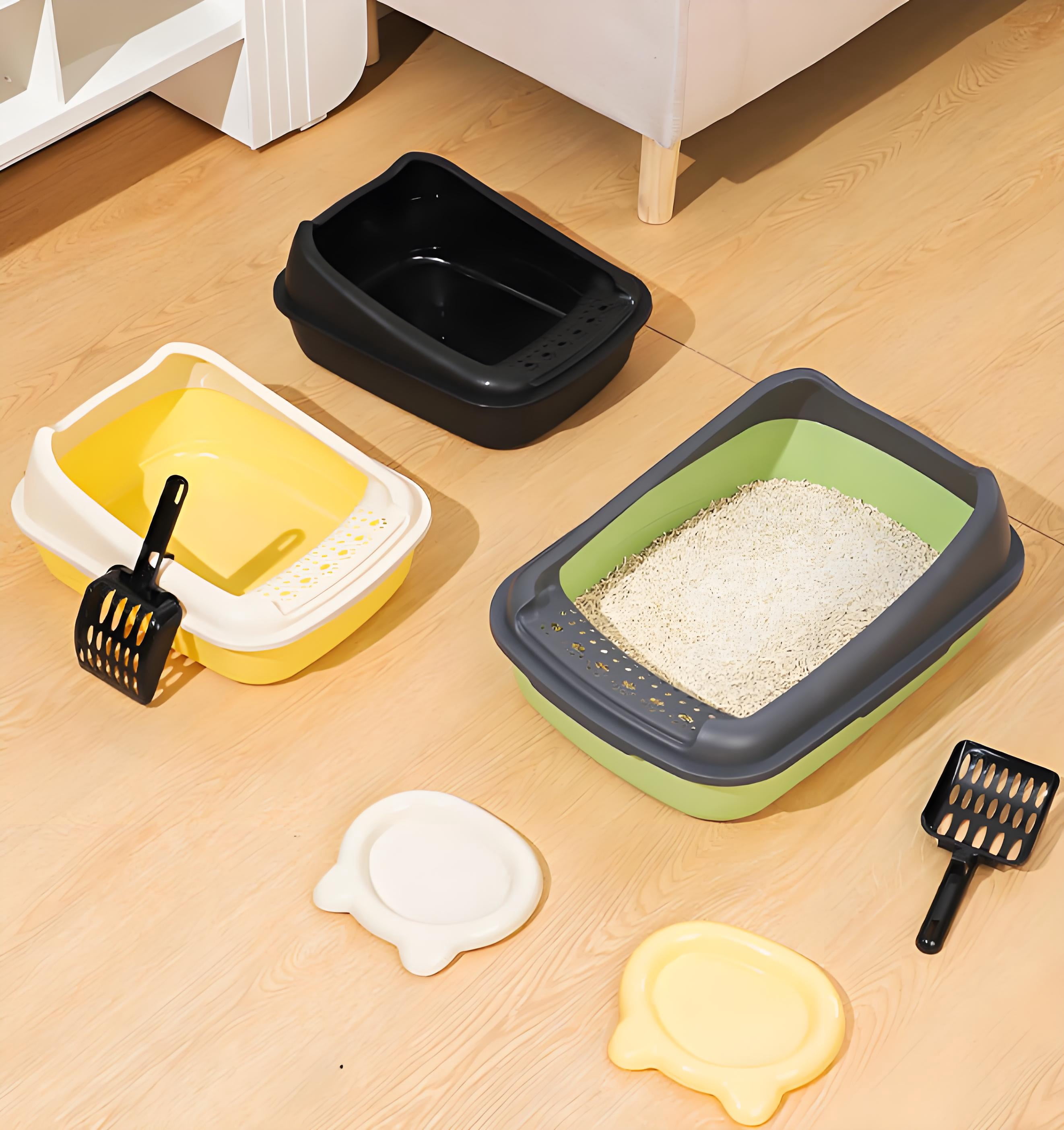 COMIART PP Material Semi - Enclosed Large Cat Litter Box Anti - Splash Cat Toilet Pet Supplies (Cream + Cream Yellow,Large Cat Litter Box)