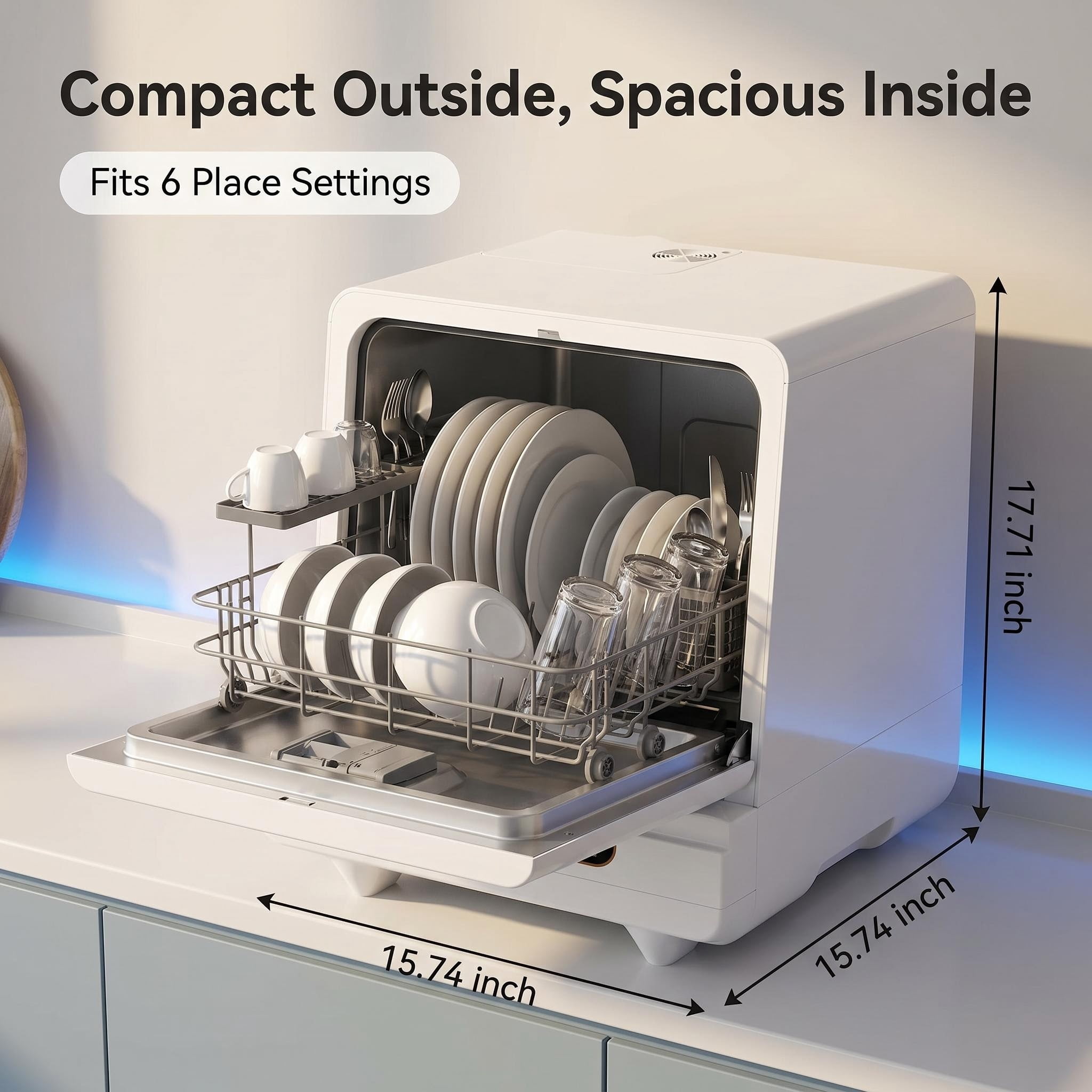 FUNGQI 1200W Portable Countertop Dishwasher with Voice Control, Mini Tabletop Dishwashing Machine with 12 Spray Outlets, 72℃ High-Temp Wash, Ozone Sterilization for Apartments RVs, White