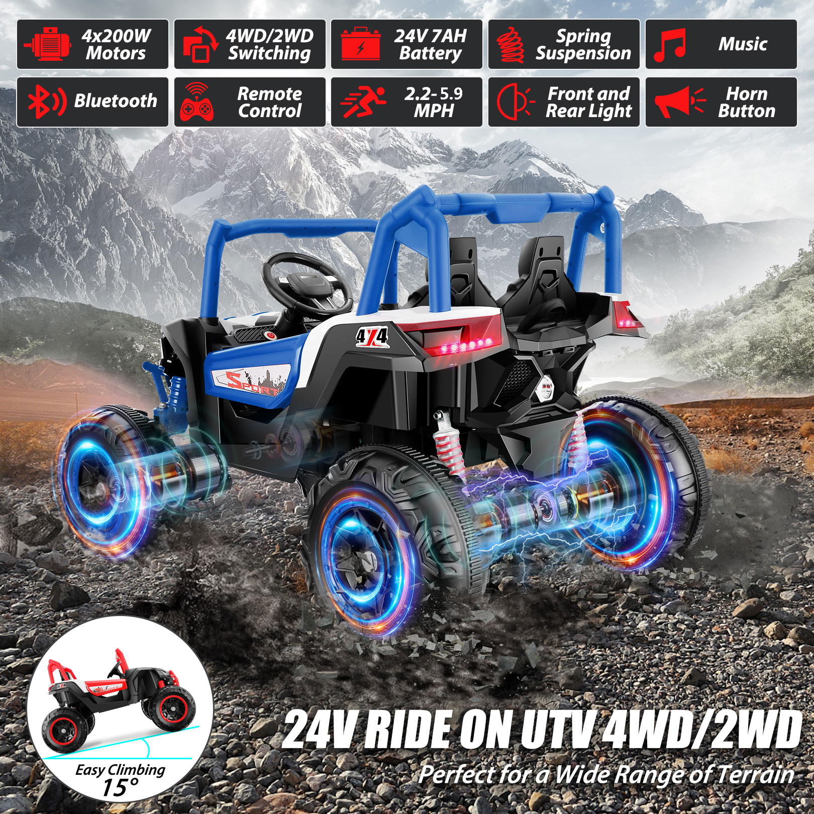 Farmdex 4WD 24V Ride on Toys 2 XL Seater Kids Ride on Cars w/ Remote Control, 4*200W Motor, Electric Off-Road UTV 7AH Battery Powered 4-Wheeler Vehicle w/ Bluetooth, Music, 3-Speed, LED Light, Blue