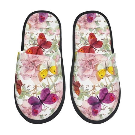 Balery Butterflies and Vintage Slient Indoor Furry Fleece Comfort House Shoes Soft Non-Slip Home Shoes Cotton slippers House Slippers-- Medium