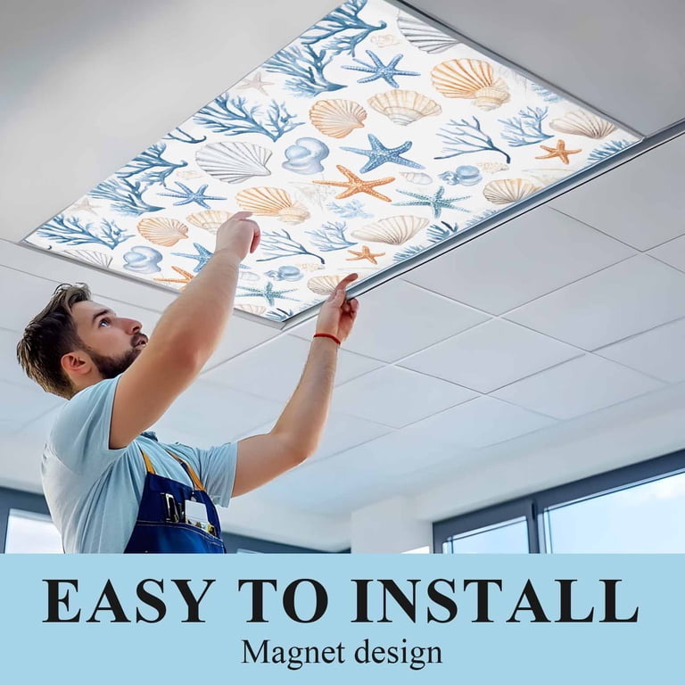 2-Pack Fluorescent Light Covers With Magnets – 2x4 Ft Marine Life Design, Glare Reduction, Flame Retardant, For Office/School/Home