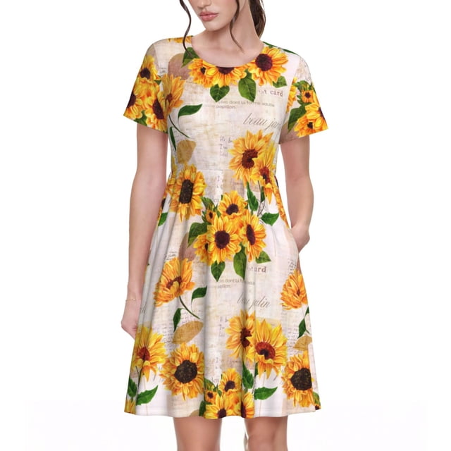 Easygdp Sunflower 5 para Vestido Transpirable de Mujer, Vestido Suelto de Manga Corta con Pliegues y Bolsillos para el Verano