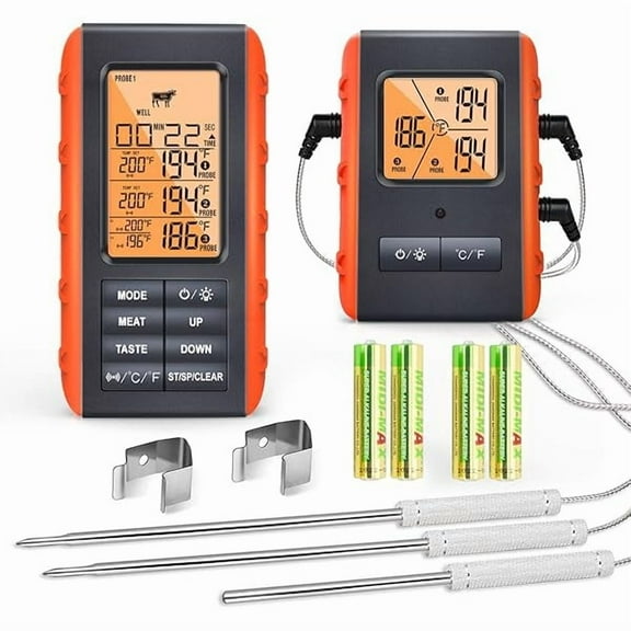 ZLCWireless Meat Thermometer for Grilling Smoking - Kitchen Food Cooking Candy Thermometer with 3 Probes - Monitor Ambient Temperature Inside The Grill Smoker BBQ Oven Thermometer, 490ft,Digital