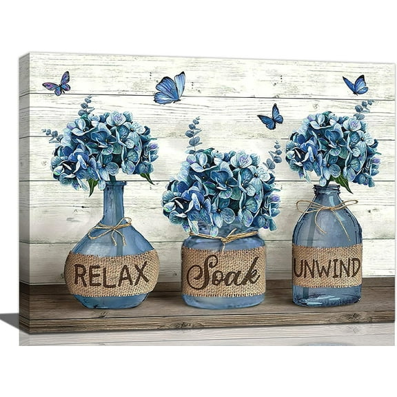 Farmhouse Bathroom Decor Wall Art Blue Hydrangea Bathroom Pictures for Wall Rustic Country Bathroom Canvas Prints Bathroom Sign Artwork Modern Home Decor for Bathroom Framed Ready to Hang 12"x16"