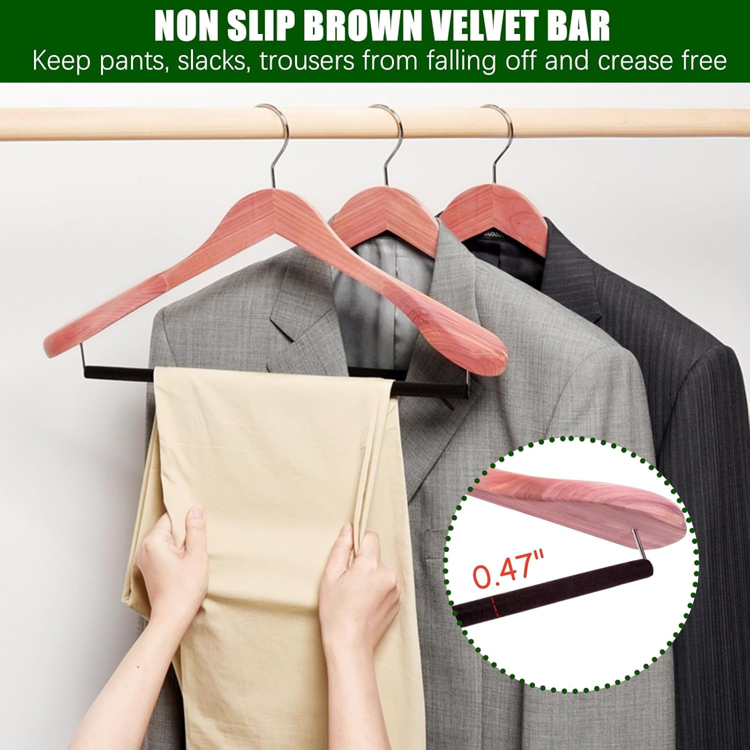 10 Pack American Red Cedar Wood Coat, Suit Hangers with Extra Wide Shoulder, Wooden Jacket Clothes Hanger Smooth Deluxe Aromatic Natural Cedar with Non Slip Velvet Pant Bar