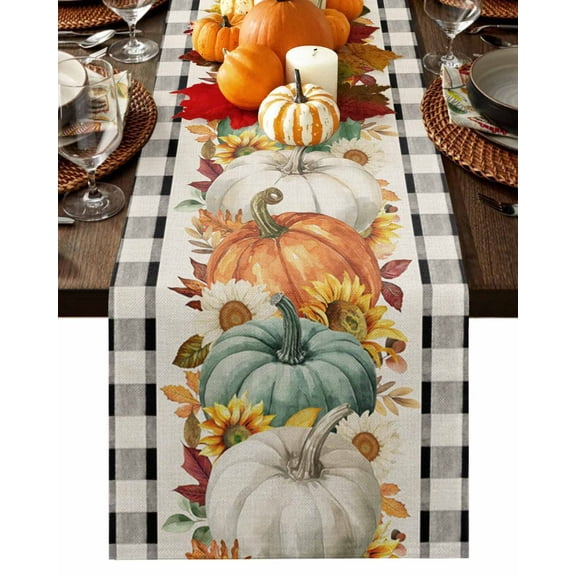 Vintage Thanksgiving Pumpkin Sunflower Table Runner-36 Inch Long Fall Floral on Linen Table Runners Linen Burlap Tablerunner for Kitchen Dining Room Holiday Party