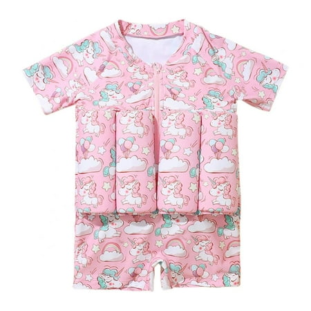 

Kids Toddler Girls Floatation Swimsuit Short Sleeve Rashguard One Piece Swimwear Zip up Bathing Suit 2-9 Years