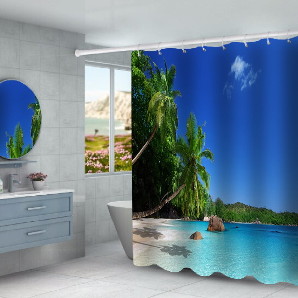 Ocean Decor Beach Coconut Tree Shower Curtain Bathroom Fabric & 12Hooks 71*71in 