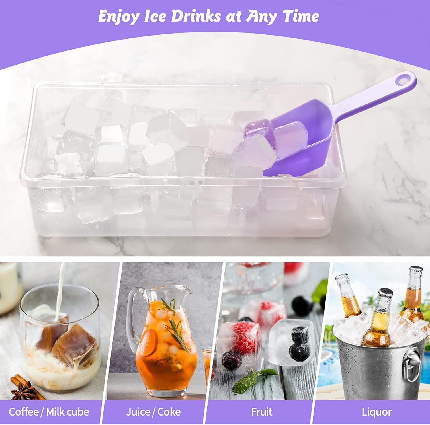 Silicone Ice Cube Tray with Leak-Proof Lid & Storage Bin for Freezer – BPA-Free 36-Piece Nugget Ice Molds, Spill-Resistant Cover & Ice Scoop Container Cover Violet