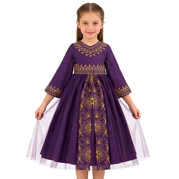 Gunia Flower Little Girl Dress Elegant Floral Embroidered Gown Long Sleeve Party Occasion Wedding Dark Purple Dress For Girls 4-8 Years