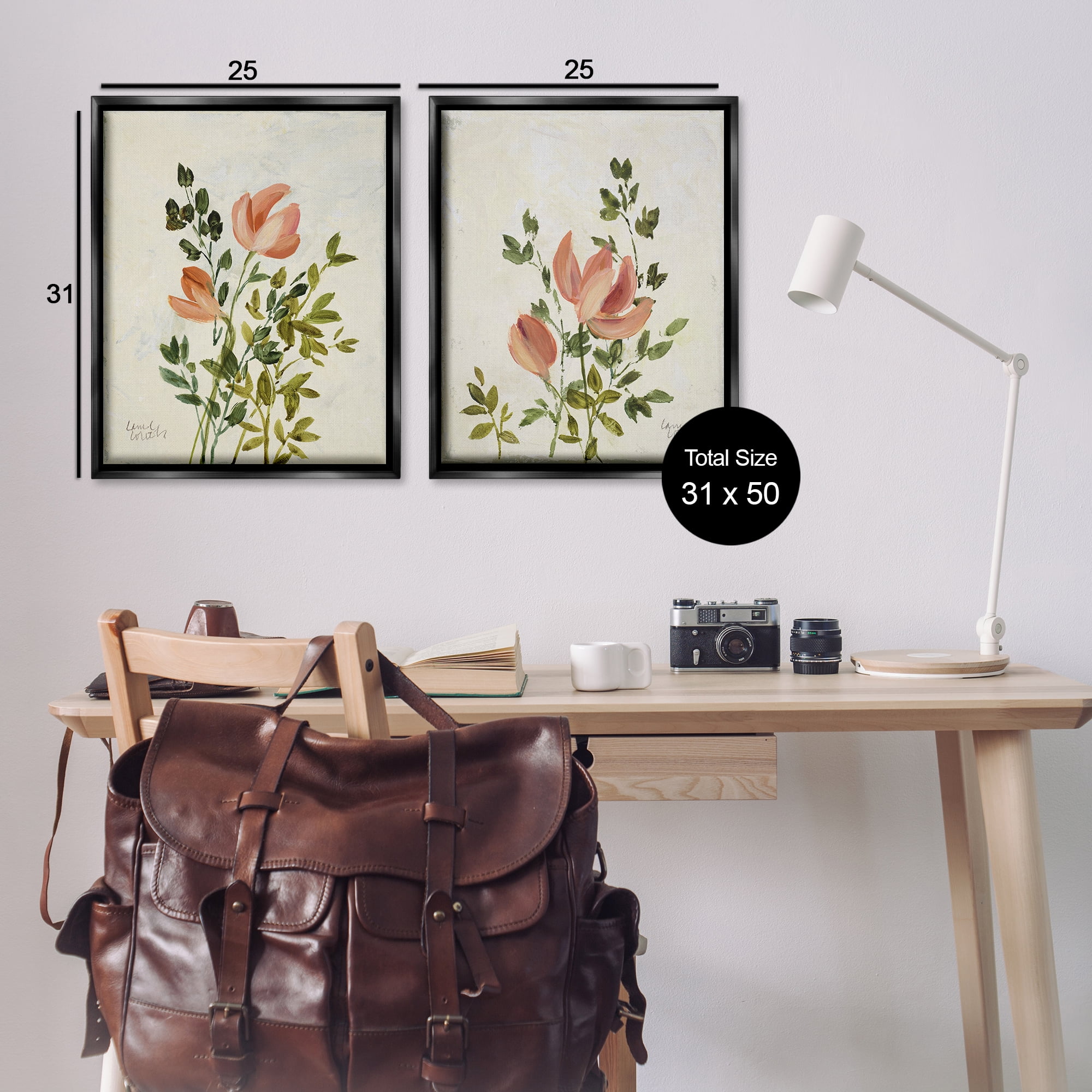 Stupell Industries Vintage Leaves & Bloom Floral & Botanical Painting Black Floater Framed Canvas Art Print Wall Art, 31 x 25, Set of 2