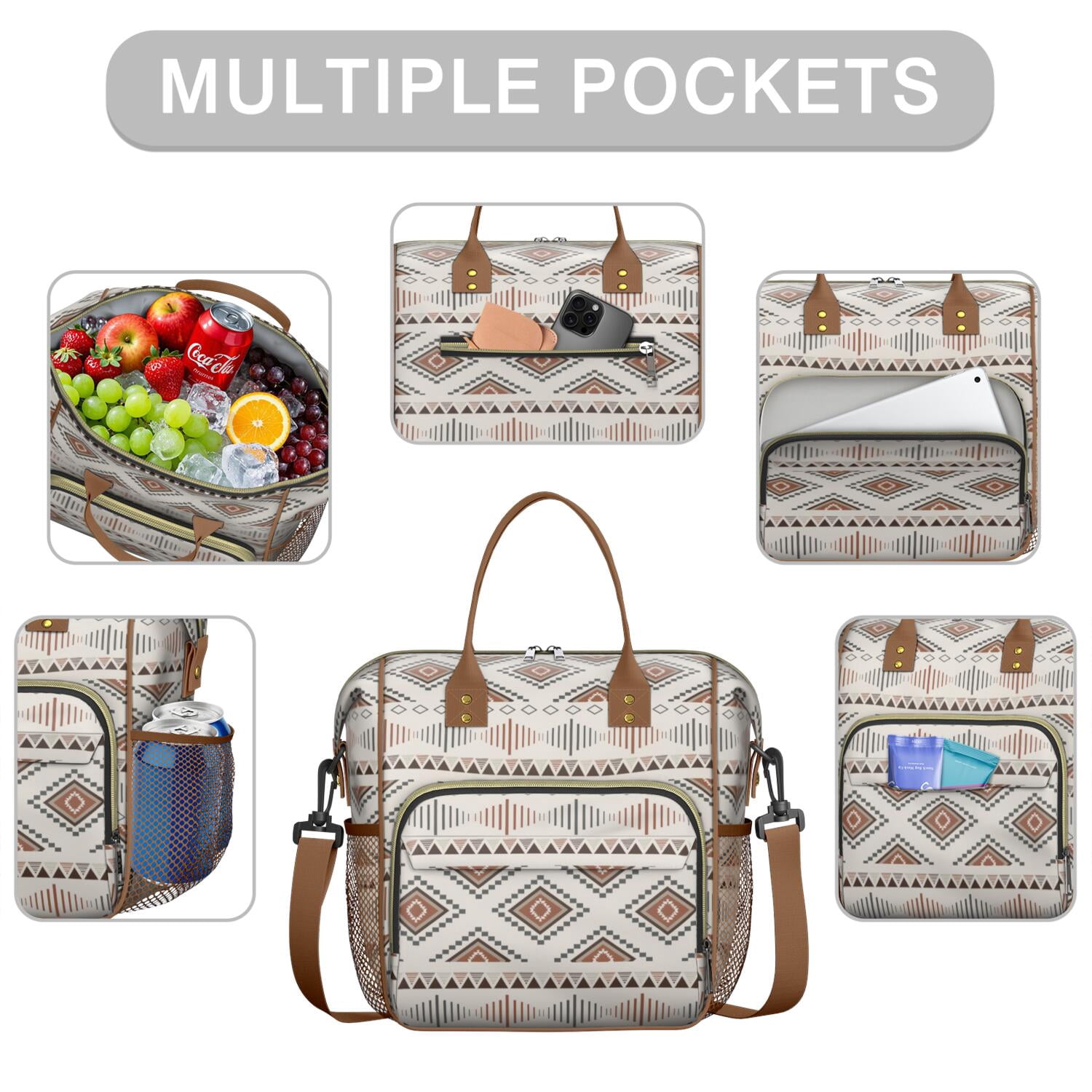 Bohemian Reusable Lunch Tote for Women, Insulated Large Cooler Bag with Retro Style, Dual Compartments & Shoulder Strap for Office, Travel or Gifts