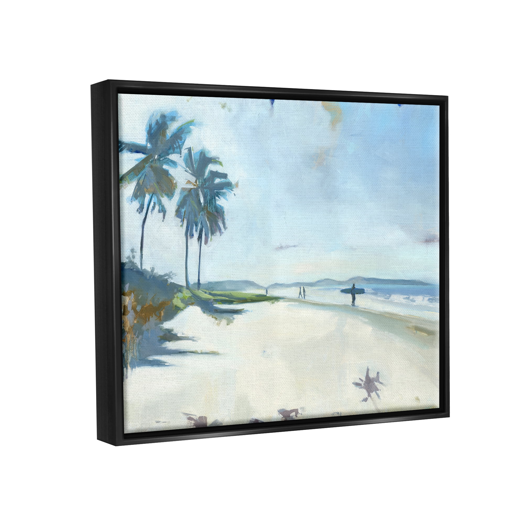 Stupell Industries Tropical Blue Beach Scene Surfers Coastal Painting Black Floater Framed Art Print Wall Art