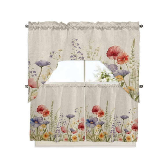 Spring Floral Kitchen Curtains Swag Valance and Tier Curtains Set 24 Inch Length, Colorful Summer Botanical Flowers Vintage Rod Pocket Drape Panels Pair Swag Curtains for Bathroom/Cafe/Window
