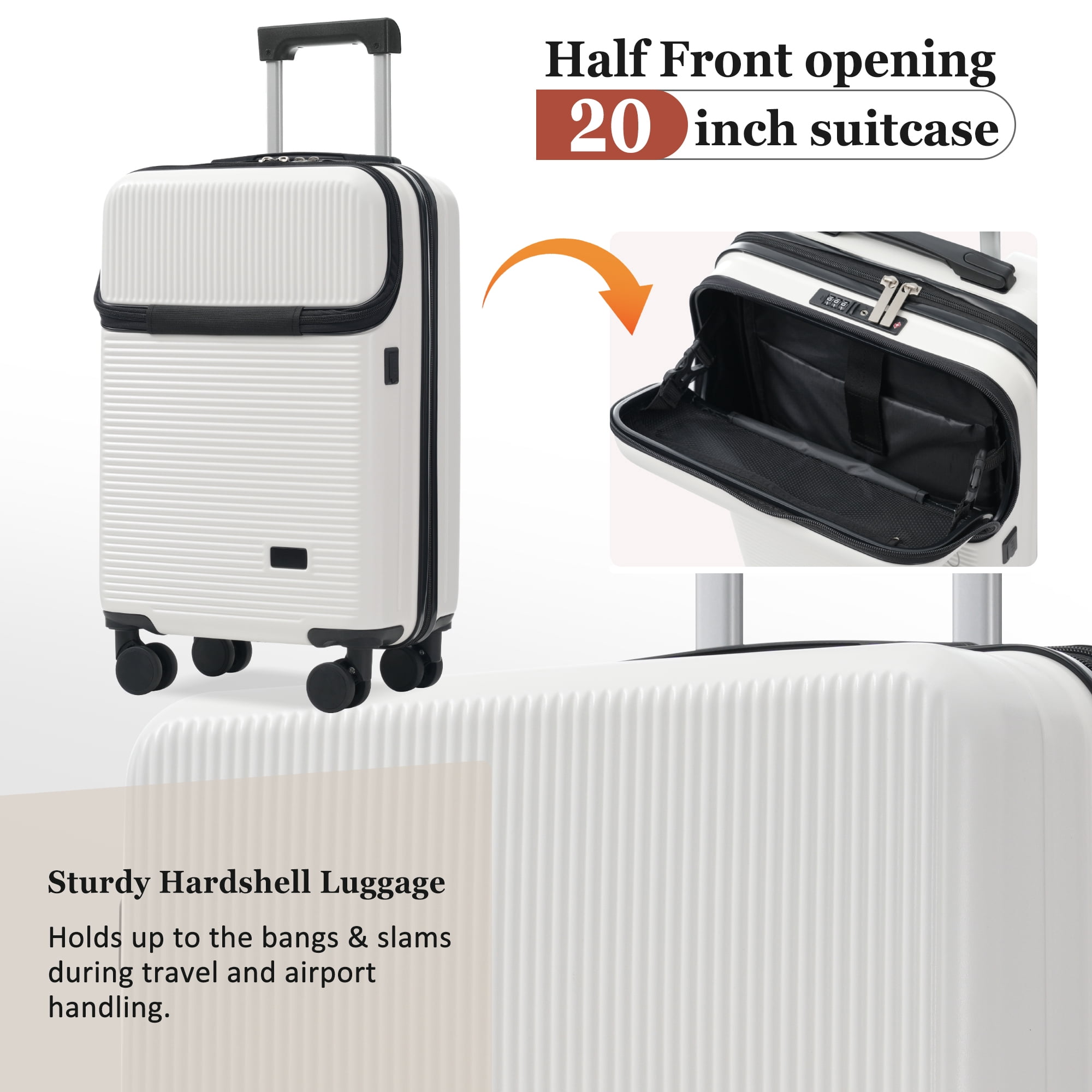 Euroco 5 Piece Luggage Sets, 20" Carry-On Luggage with Half-Opening & USB Port, 20/24/28inch Lightweight Travel Suitcase Set with TSA Lock, Double Spinner Wheels & 2 Travel Duffel Bags,White
