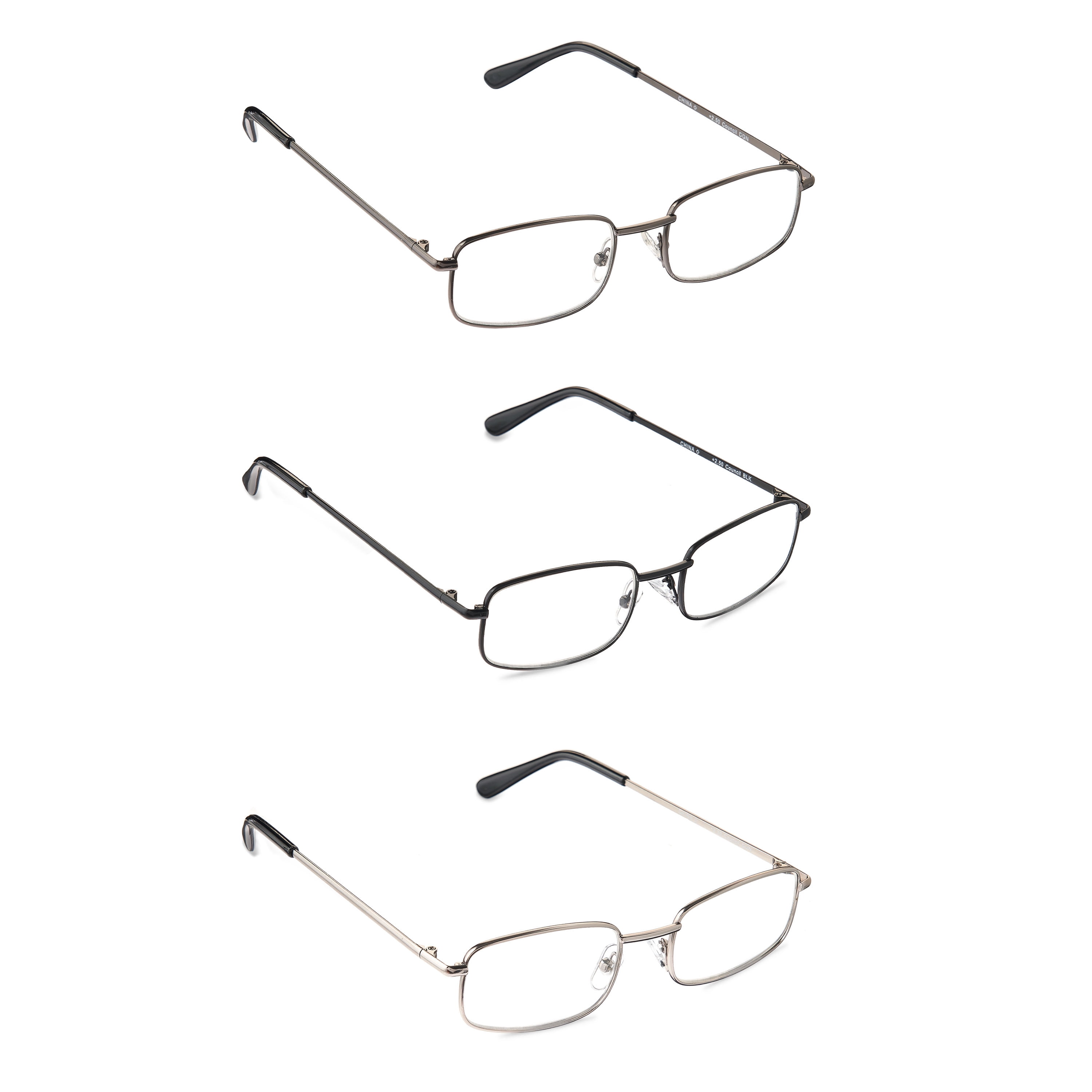 Equate Men's Square Reader Glasses Value 3-Pack, Black/Brown/Gunmetal, +1.50