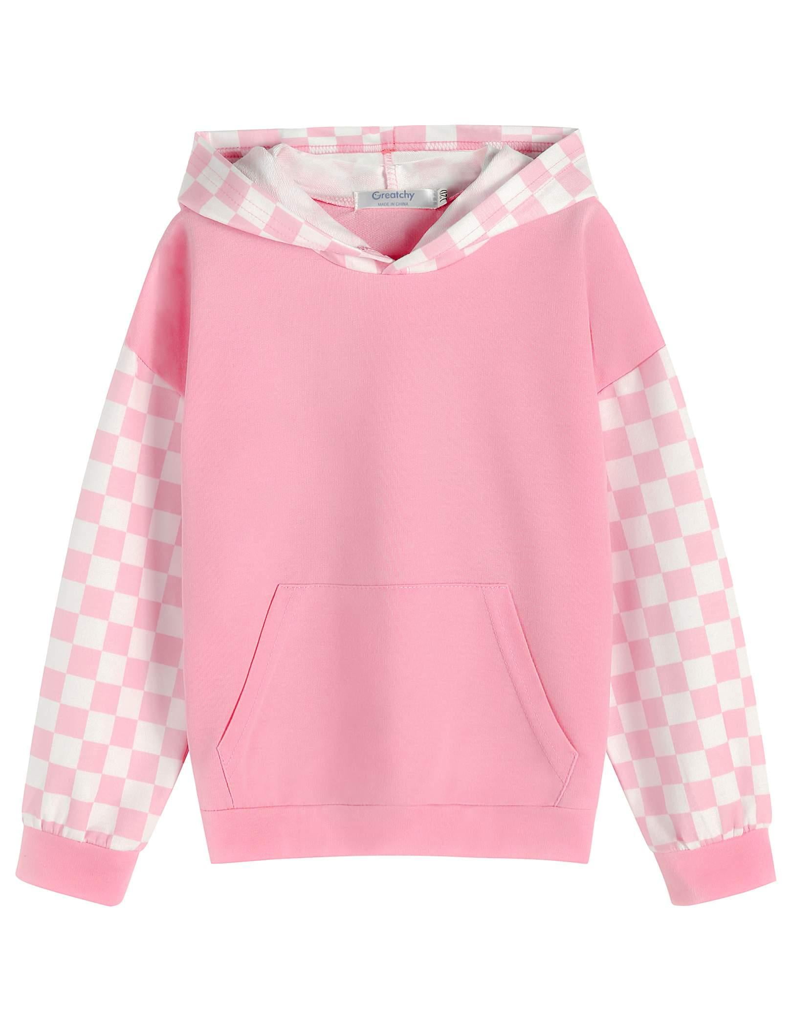 Wataxii Girls Hoodies Sweatshirt Cute Plaid Long Sleeve Pullover Hooded