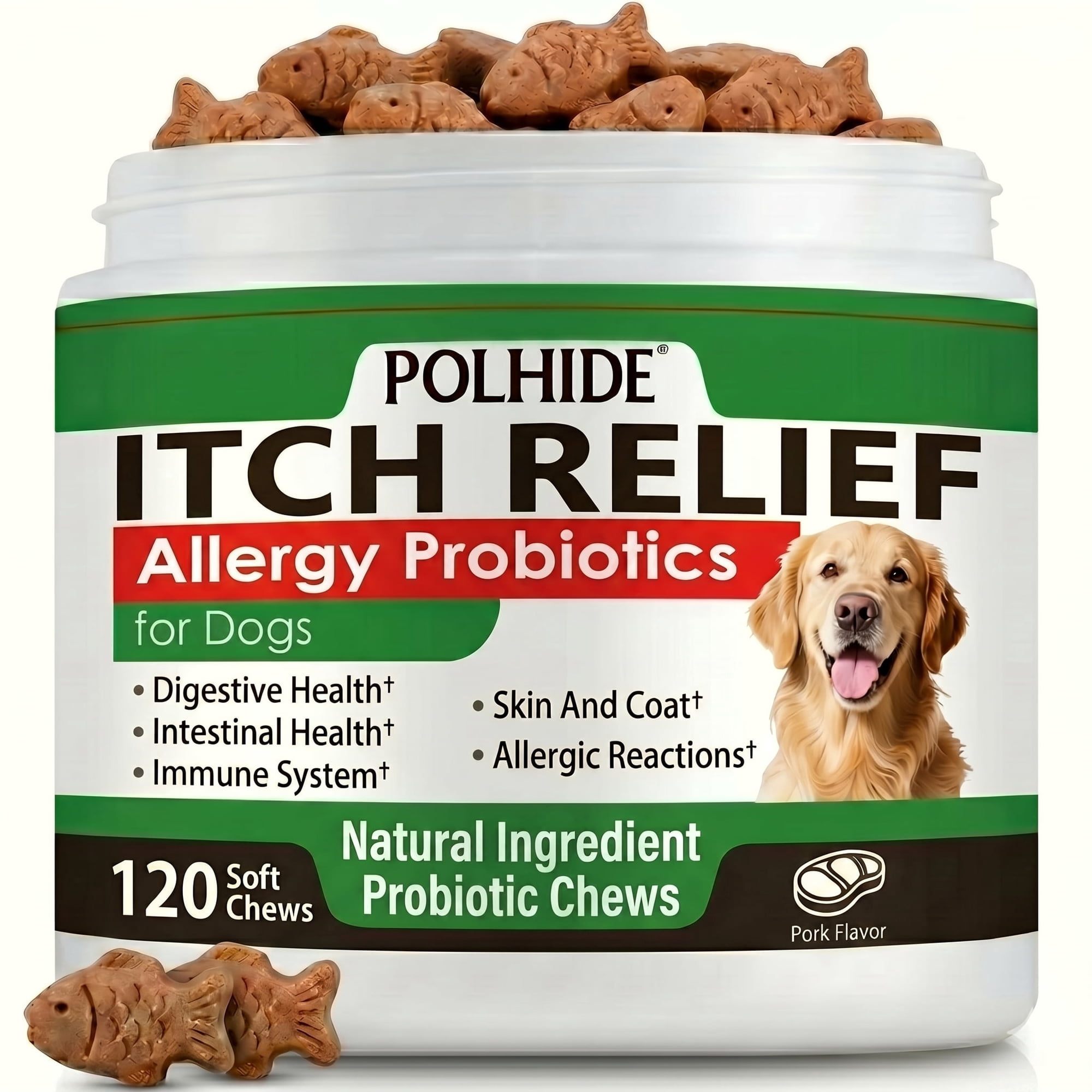POLHIDE Allergy Probiotic Chews for Dogs | Dietary Supplement | Yeast & Itch Relief | Skin & Coat Support | Gut Health | 3 Billion CFU | Pork Flavor | 120 Count