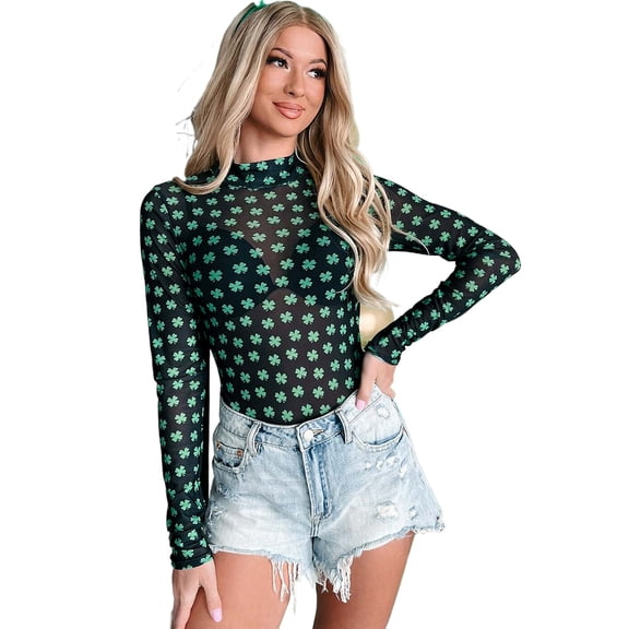 Women's Green St. Patrick's Day Shamrock Printed Long Sleeve Mesh Bodysuit - [ZhiHiMeRi] | (US 16-18)XL