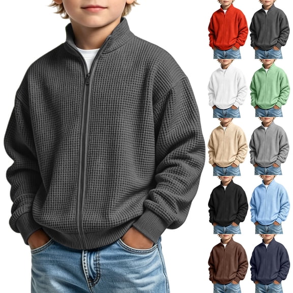 Teylalorva Boys Waffle Zip Up Jacket (3-14) Long Sleeve Stand Collar Pullover Sweatshirt Outerwear Gray Size 3T