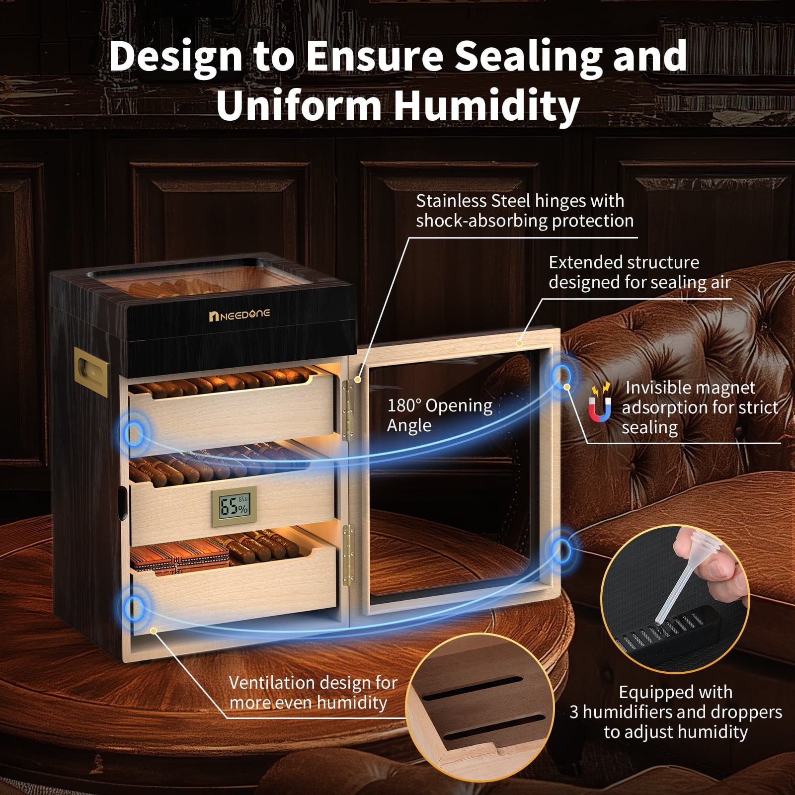 NEEDONE Cigar Humidor, Glass Top Drawer & LED Lighting,3 Humidifiers,Cedar Wood Shelves,Desktop Humidor Box Case Cabinet can Hold 150 Cigars,Gift for Men