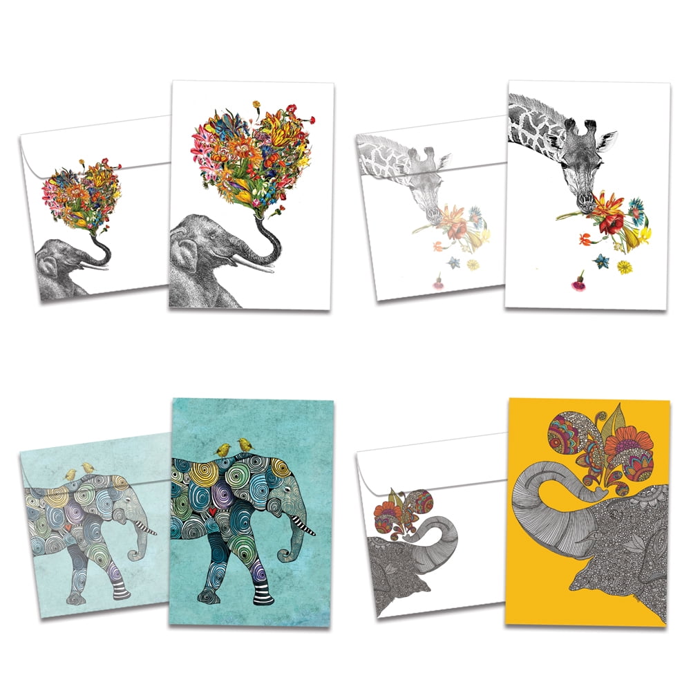 Tree-Free Greetings 16 Pack Card Assortment & Matching Envelopes,5”x7”,Made in USA,100% Recycled Paper,Vibrant Elephant & Giraffe Variety GP54069 