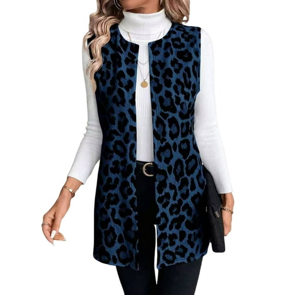 Women'S Leopard Print Open Front Vest Outerwear Sleeveless Vintage Jacket Coat Dark Blue S