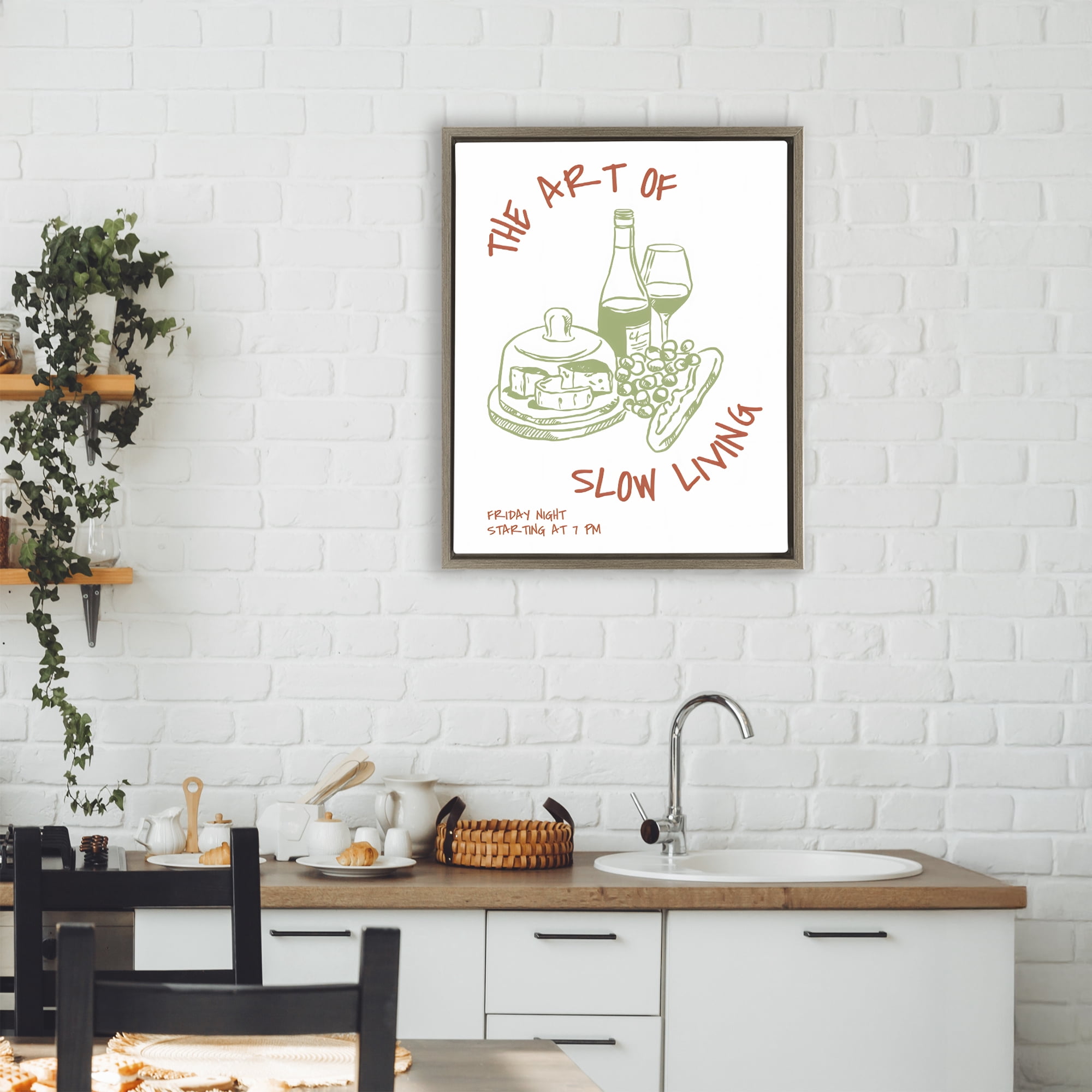 Stupell Industries Slow Living Wine & Cheese Brown Framed Floater Canvas Wall Art, design by The Prints Vibe