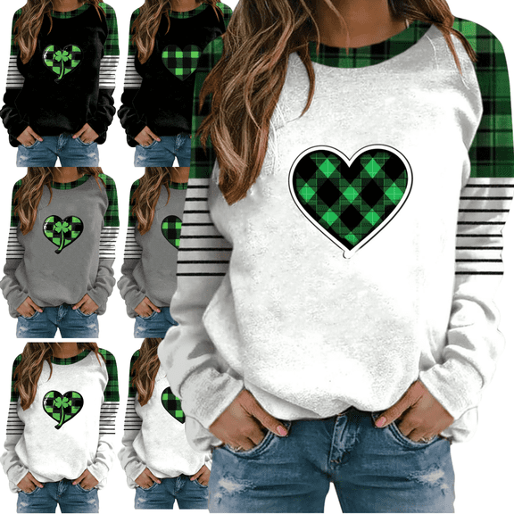 Mifsaly Plus Size St Patrick Day Sweatshirt Women Patchwork Shamrock Shirt Long Sleeve Heart Print Tshirts Casual Loose Pullover Tops Trendy Spring Blouse XXXL