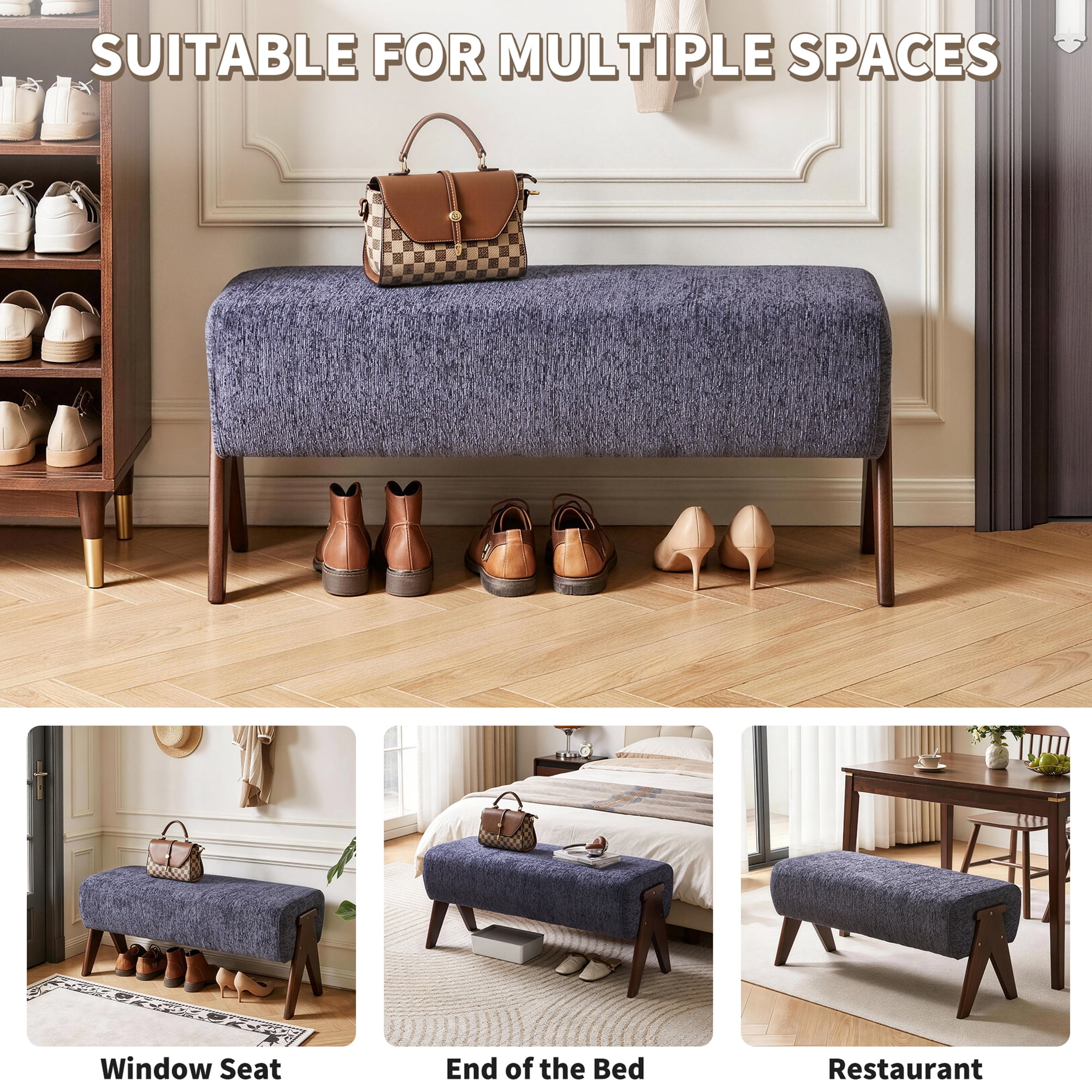 Leumius Chenille Bench,Modern Upholstered with Ergonomic Padded and Solid Wood Legs,Ottoman Bench for Foyer Bedroom Living Space,Entry,Blue