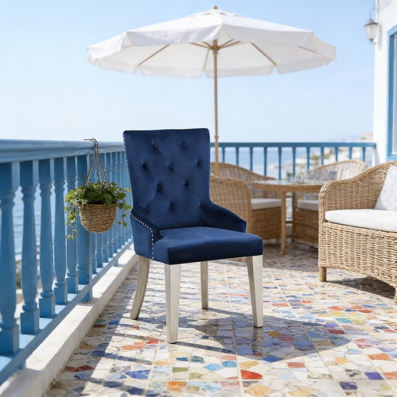Blue Velvet Button Tufted Dining Arm Chair, Nailhead Trim with Platinum Wooden Legs, Luxury Chair for Small Dining Room